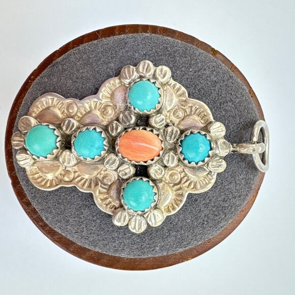 VTG James Shay Navajo Turquoise Coral Concho Design Cross Sterling Silver 925 2" - Picture 2 of 11